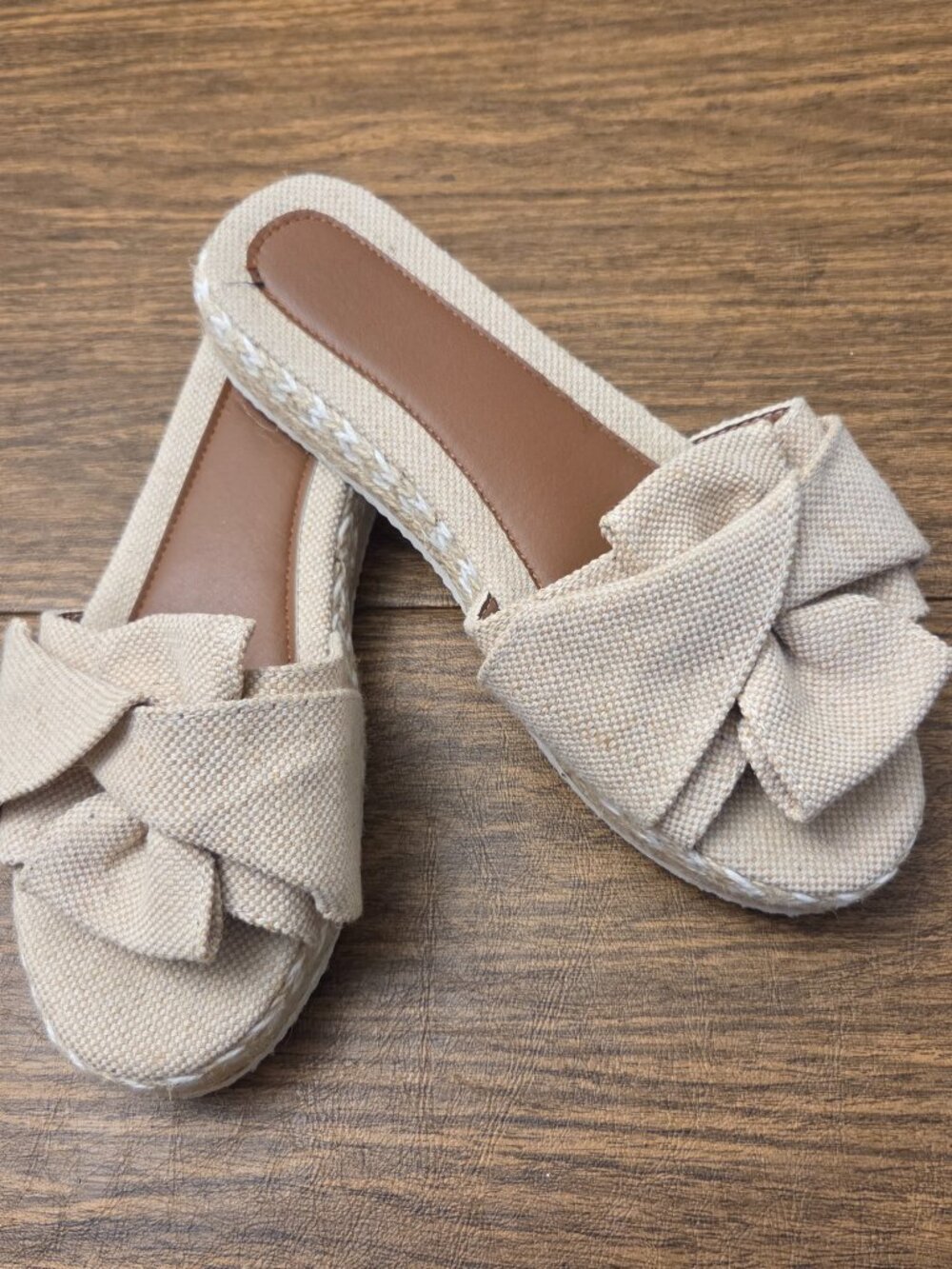 Women's Beige Fabric Bow Platform Espadrille Open Toe Slide - Sz 7.5M